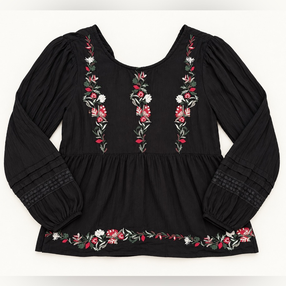 Women’s Black Embroidered Top - Floral Accent
